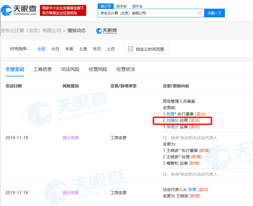 刘强东卸任京东云计算经理 张雱卸任执行董事